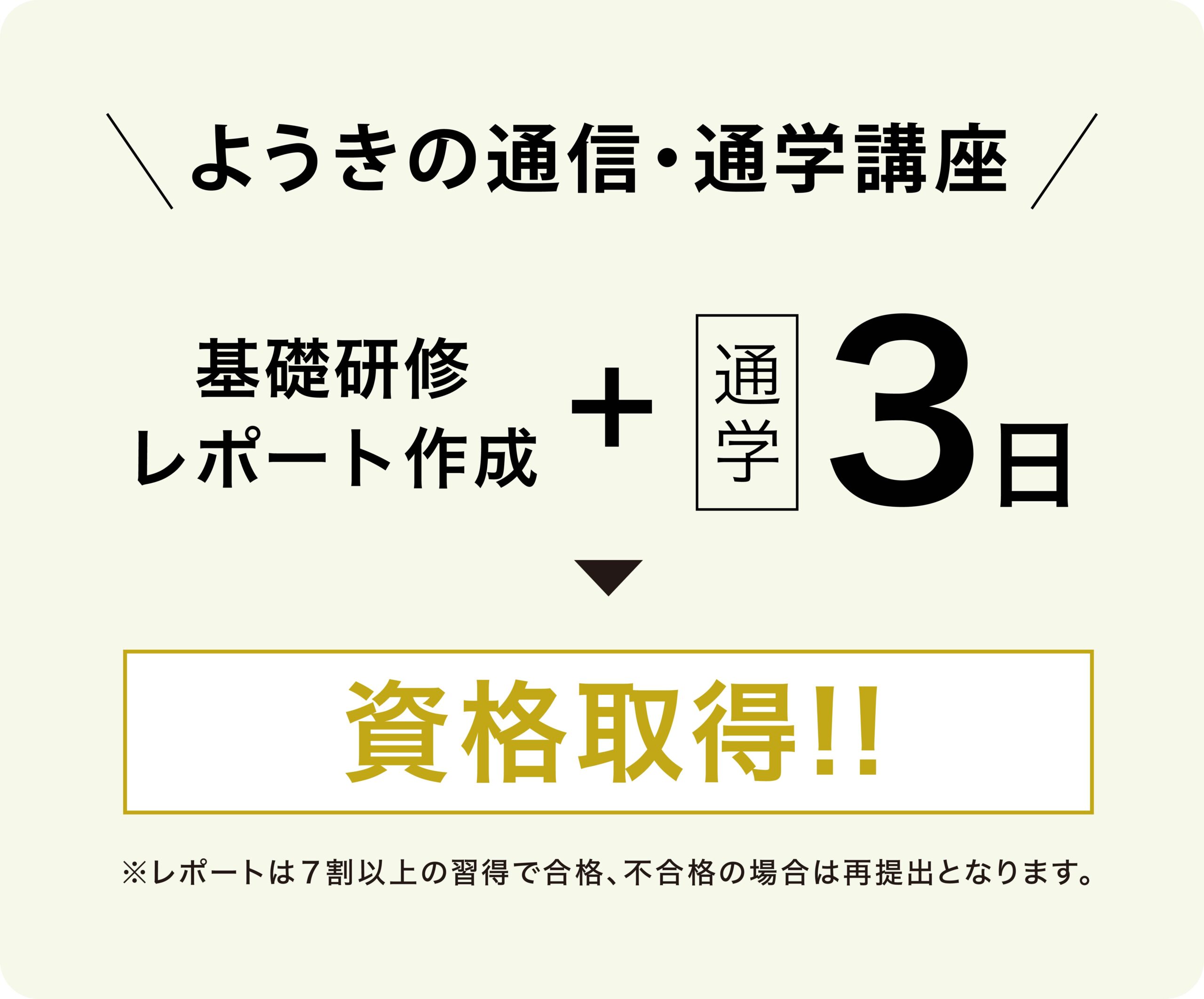 ようきの通信・通学講座
基礎研修・レポート作成+通学3日で資格取得